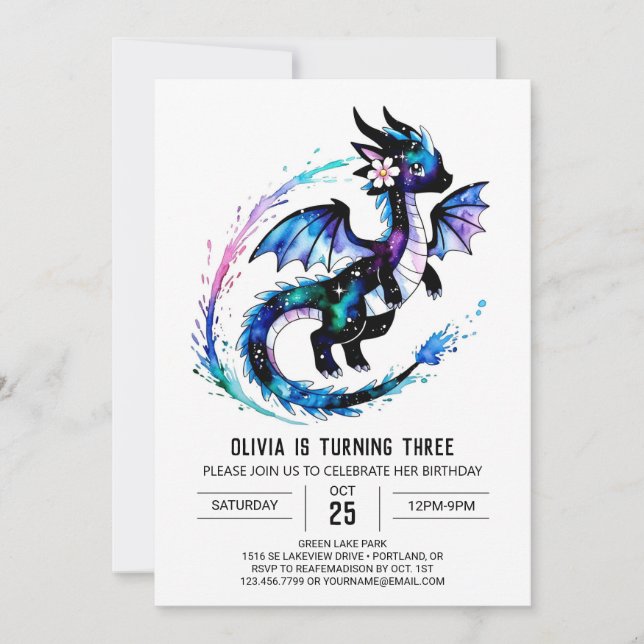 Invitation Magique Adorable Dragon Digital Girl Anniversaire (Devant)