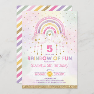Invitation Magique Arc-en-ciel rose nuages d'or Filles Annive