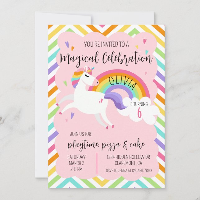 Invitation Magique Arc en Ciel Unicorne Girl Anniversaire Inv (Devant)