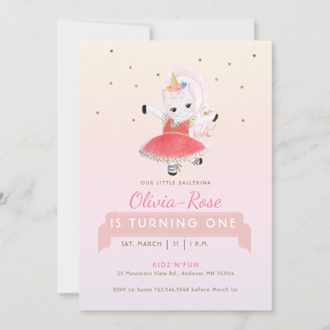 Invitation Magique Ballerina Unicorn Rainbow Girl Anniversair (Devant)