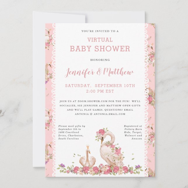 Invitation Magique Bébé Swan Princess Baby shower rose floral (Devant)