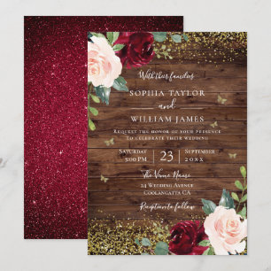 Invitation Magique Blush & Bourgogne Floral Rustic Mariage