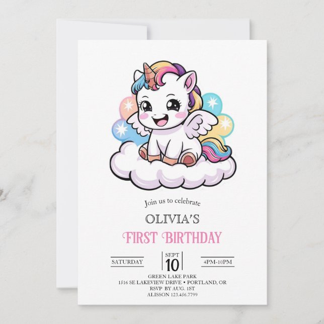 Invitation Magique Boho Digital Unicorn 1er anniversaire (Devant)