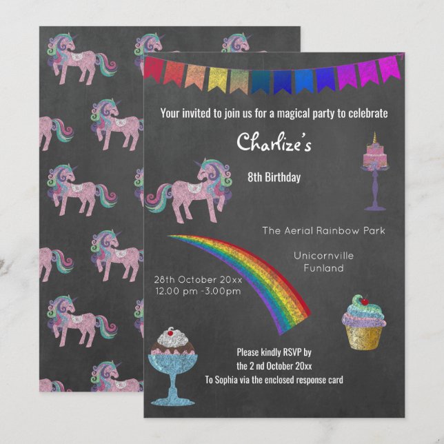 Invitation Magique Chalkboard Unicorn Sweets Anniversaire (Devant / Derrière)