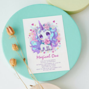 Invitation Magique Cute One Modern Unicorn Premier Anniversai
