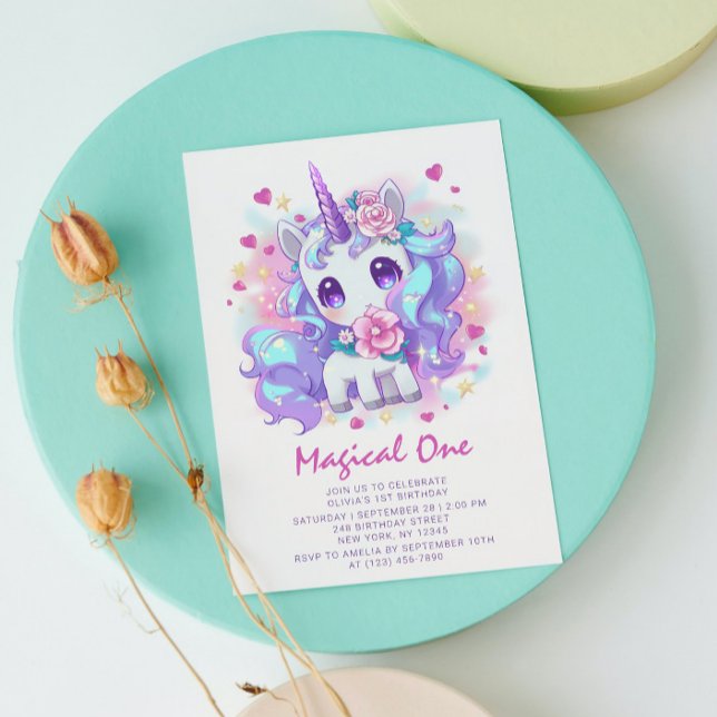 Invitation Magique Cute One Modern Unicorn Premier Anniversai (Créateur téléchargé)