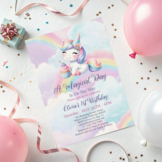 Invitation Magique Cute Unicorn Arc-en-ciel 1er anniversaire (Créateur téléchargé)