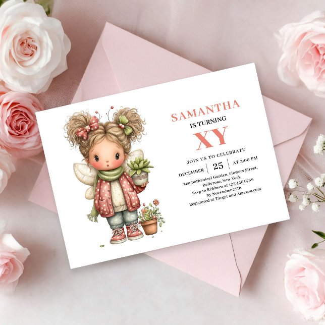 Invitation magique d'anniversaire Fée mignonne Fle (Cute Fairy Girl Birthday Pink Floral Magic invitation)