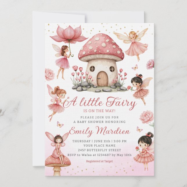 Invitation Magique Fairy Rose mignon Baby shower de jardin fl (Devant)