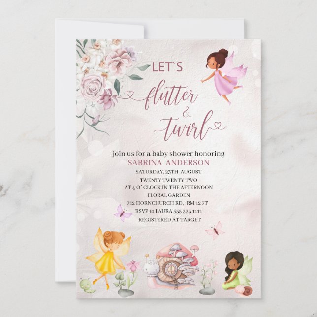 Invitation Magique Floral Fairy Princess baby shower Invita (Devant)