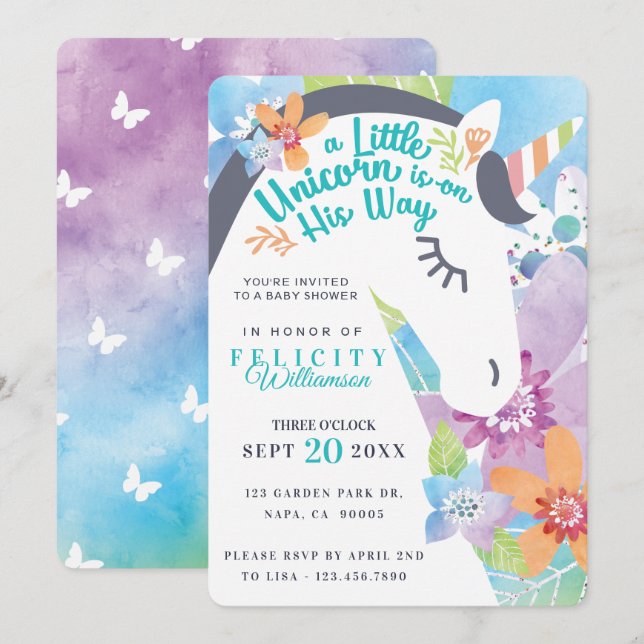Invitation Magique Floral Unicorn bébé garçon douche Invitati (Devant / Derrière)