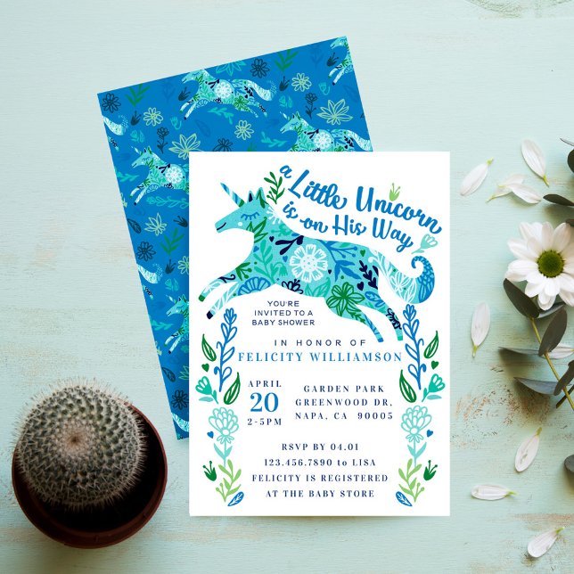 Invitation Magique Floral Unicorn bébé garçon douche Invitati (Magical Floral Unicorn Baby Boy Shower Invitation)