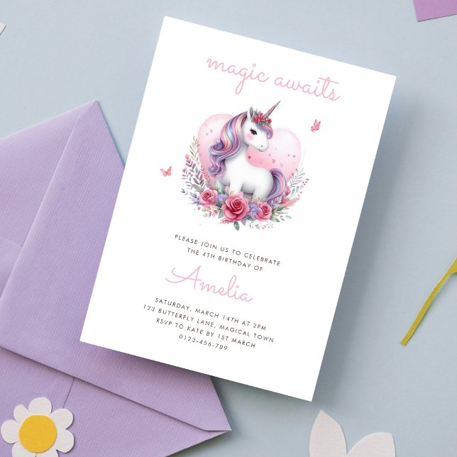 Invitation Magique Floral Unicorn Girlie fête d'anniversaire (Créateur téléchargé)