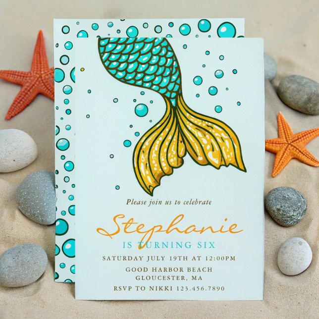 Invitation Magique Mermaid Tail Turquoise et or Anniversaire (Créateur téléchargé)