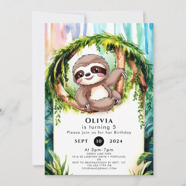 Invitation Magique Mignonne Sloth Anniversaire (Devant)
