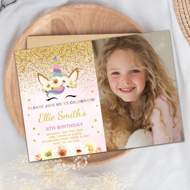 Invitation magique modifiable (Glitter Unicorn Birthday Invitation with photo)