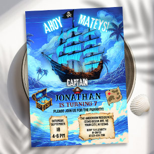 Invitation Magique Neon Blue Llow Pirate Ship Ahoy Anniversai