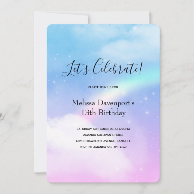 Invitation Magique Pastel Nuds et un Rainbow Birthday (Devant)