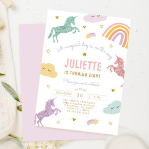 Invitation Magique Pastel Parties scintillant Unicorn Arc-en-