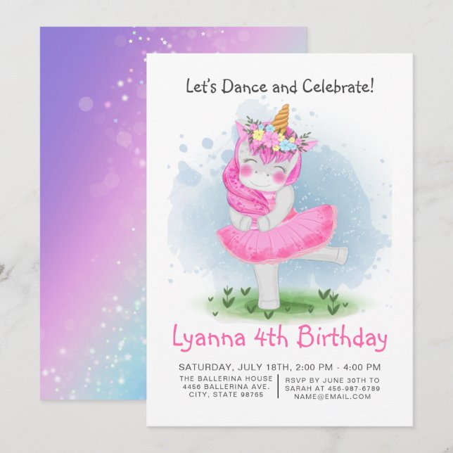 Invitation Magique Pink Tutu Danse Unicorn Anniversaire (Devant / Derrière)