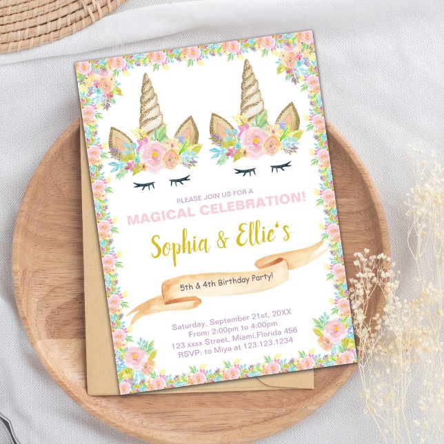 Invitation magique pour filles jumelles (Twin Floral Unicorn Birthday Invitations)
