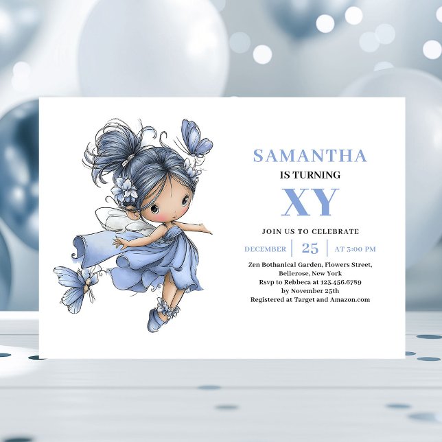 Invitation magique pour le 1er anniversaire de la  (Cute Blue Fairy Girl 1st Birthday Magical invitation)