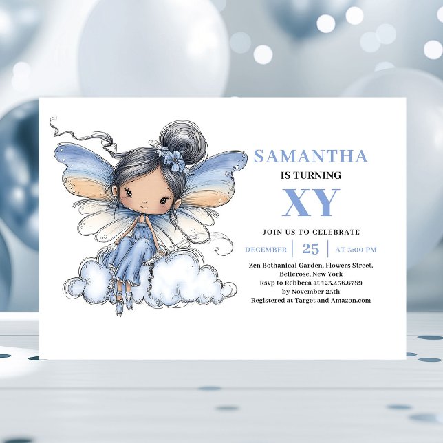 Invitation magique pour les 3 ans de la Fée Bleue  (Angelic Blue Fairy Girl 3rd Birthday Magic invitation)