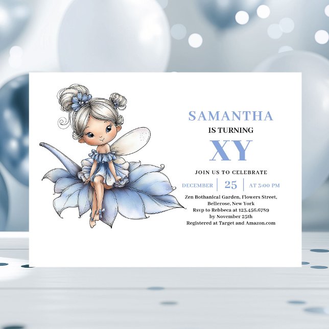 Invitation magique pour les 4 ans de Sweet Blue Fa (Sweet Blue Fairy Girl 4th Birthday Magical invitation)