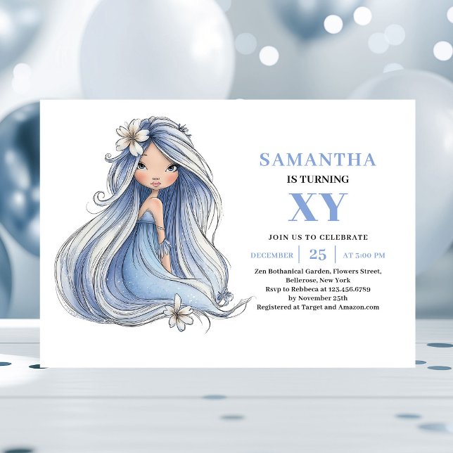 Invitation magique pour les 5 ans de la jolie Fée  (Cute Blue Fairy Girl 5th Birthday Magical invitation)