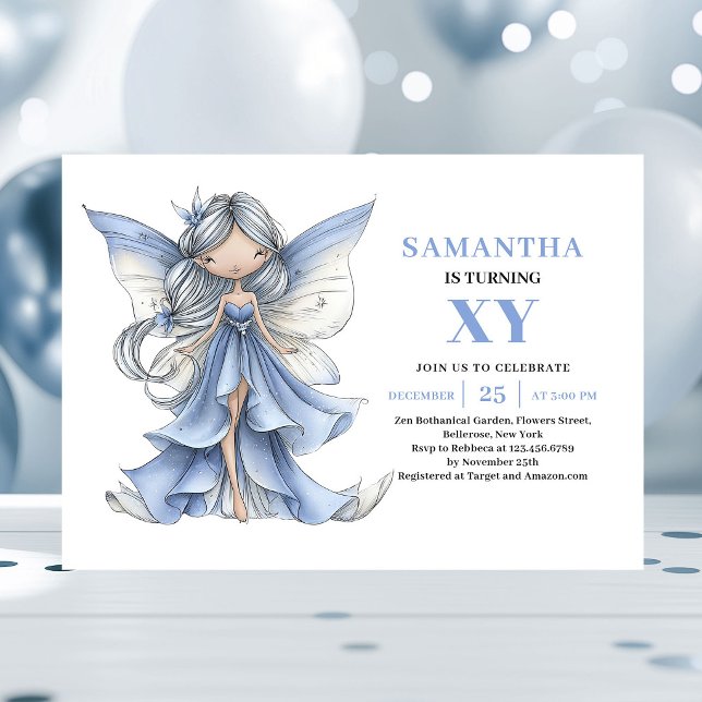 Invitation magique pour les 5 ans de la jolie fill (Pretty Blue Fairy Girl 5th Birthday Magical invitation)