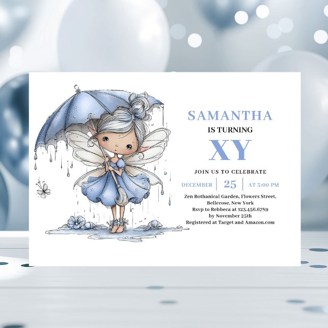 Invitation magique pour les 6 ans de la fée bleue  (Elegant Blue Fairy Girl 6th Birthday Magic invitation)