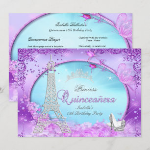 Invitation Magique Princesse Quinceanera Violet Bleu Cyan