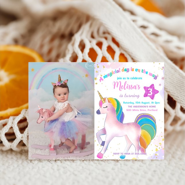 Invitation Magique Rainbow Unicorn Anniversaire Photo Invitat (Créateur téléchargé)