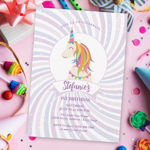 Invitation Magique Rainbow Unicorn bébé fille 1er anniversair