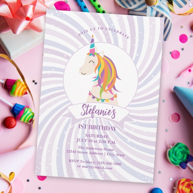 Invitation Magique Rainbow Unicorn bébé fille 1er anniversair (Créateur téléchargé)