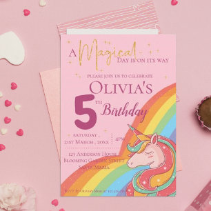 Invitation Magique Rainbow Unicorn Faux Parties scintillant A