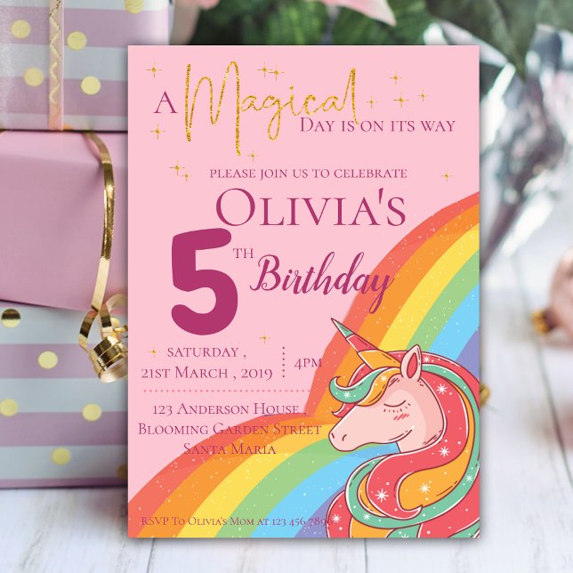 Invitation Magique Rainbow Unicorn Faux Parties scintillant A (Magical Rainbow Unicorn Faux Glitter Birthday Invitation)