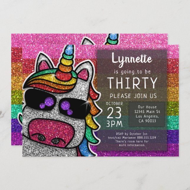 Invitation Magique Rainbow Unicorn Parties scintillant Whimsi (Devant / Derrière)