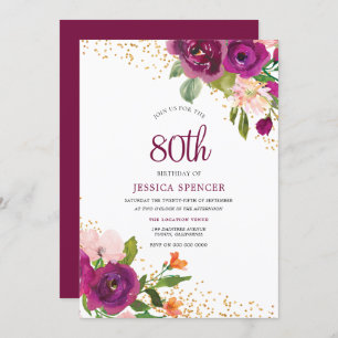 Invitation magique rose florale 80e anniversaire