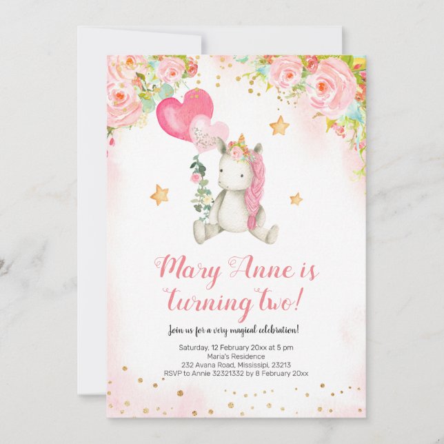 Invitation Magique rose licorne fille deuxième anniversaire (Devant)