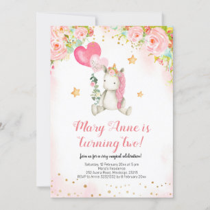 Invitation Magique rose licorne fille deuxième anniversaire