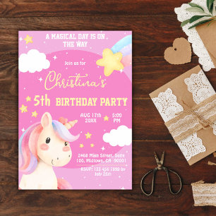 Invitation Magique rose mignonne star de licorne moderne 5e a