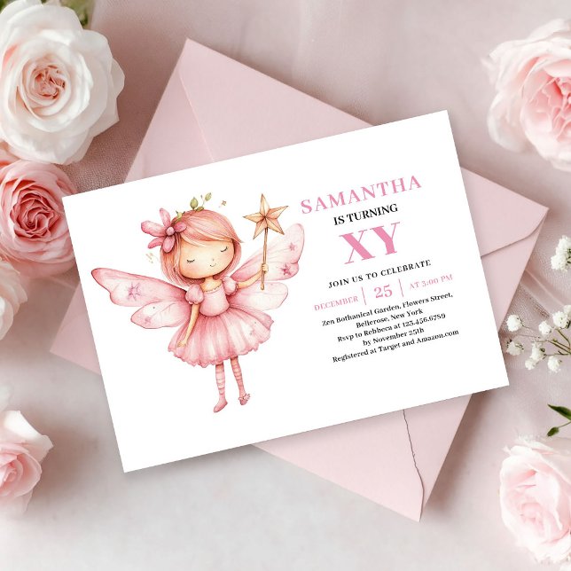 Invitation Magique Rose pour les 8 ans de la Migno (Cute Fairy Girl 8th Birthday Magical Pink invitation)