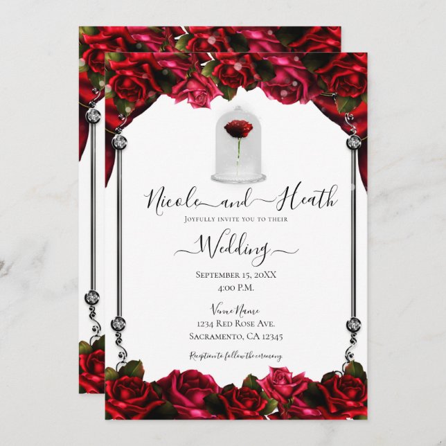 Invitation Magique Rose Rouge Blanc Or Argent Mariage blanc (Devant / Derrière)