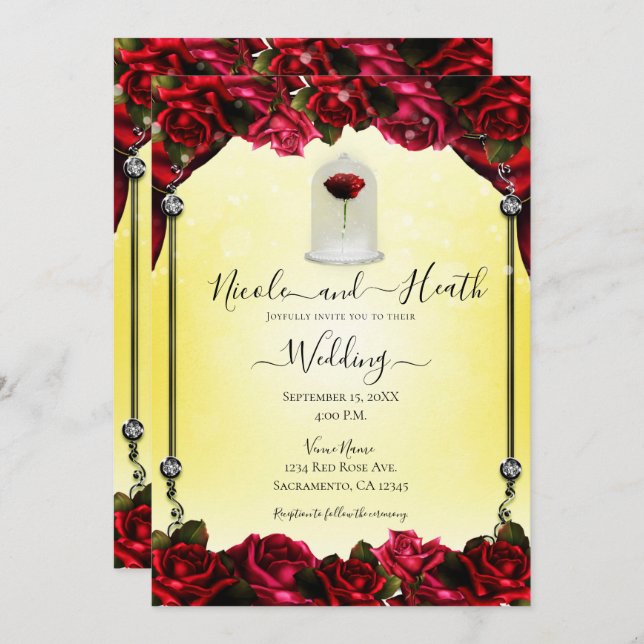 Invitation Magique Rouge Rose Blanc or argent Mariage jaune (Devant / Derrière)