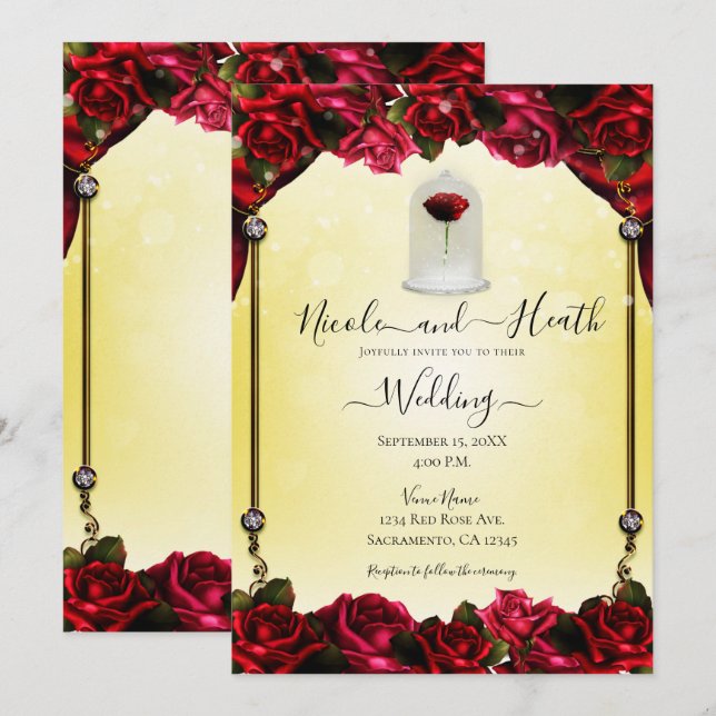 Invitation Magique Rouge Rose Jaune Mariage d'étincelle or (Devant / Derrière)