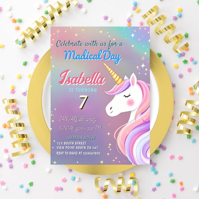 Invitation Magique Unicorn 7e Anniversaire Pastel Rainbow Thè (Créateur téléchargé)