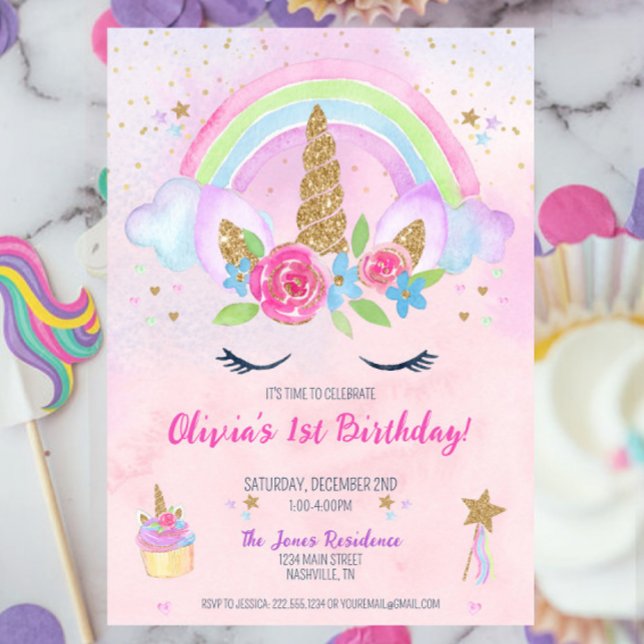 Invitation Magique Unicorn arc-en-ciel 1er anniversaire Invit (Pink Magical Unicorn Rainbow 1st Birthday Party Invitation, Pastel Unicorn Party, Girl Birthday)