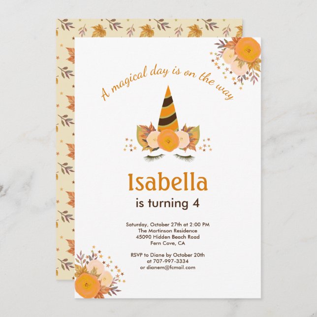 Invitation Magique Unicorn Automne Halloween fête d'anniversa (Devant / Derrière)