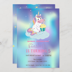 Invitation Magique Unicorn Blue Holographic Anniversaire